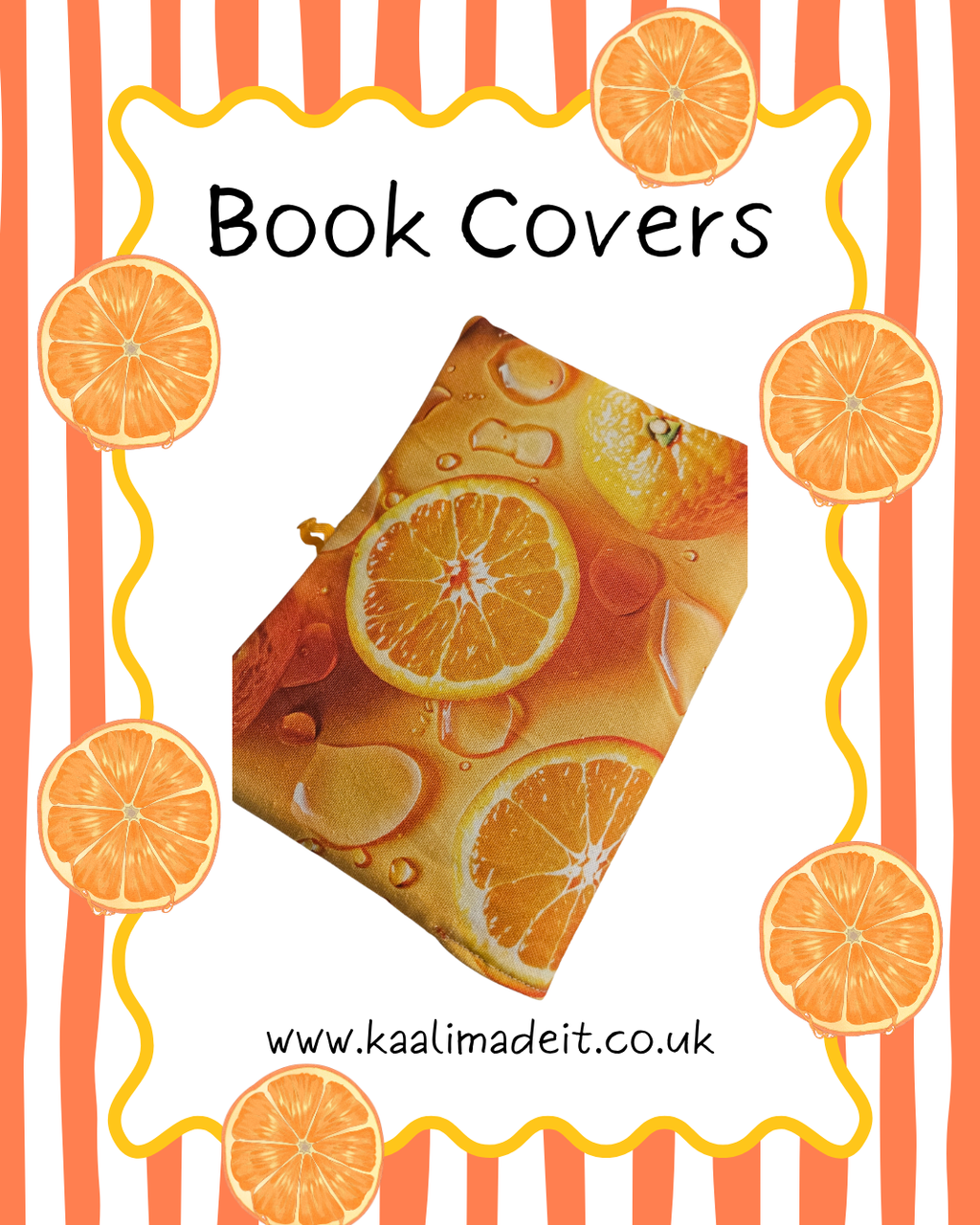 citrus print book cover on a orange stripe background 