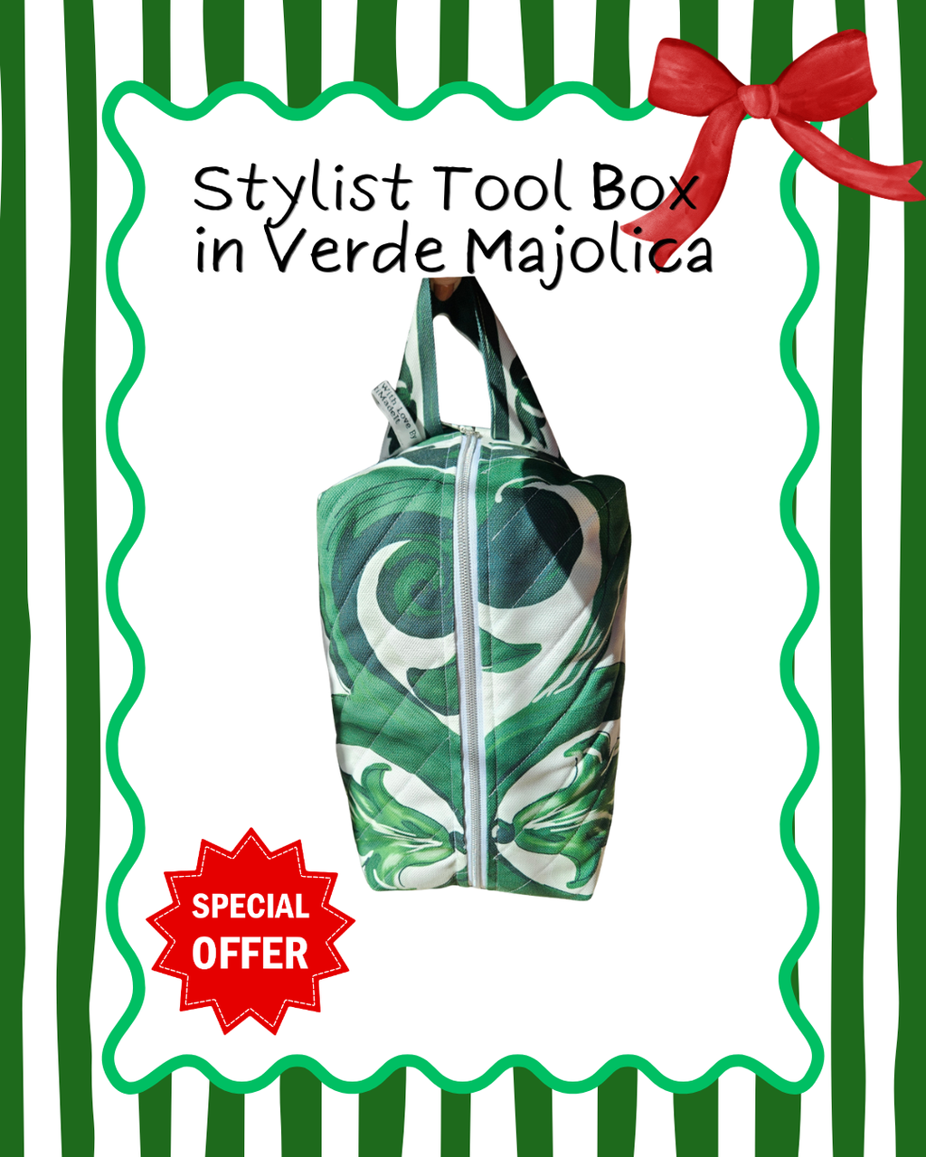 Green marbled bag with a red bow on a white background with green stripes