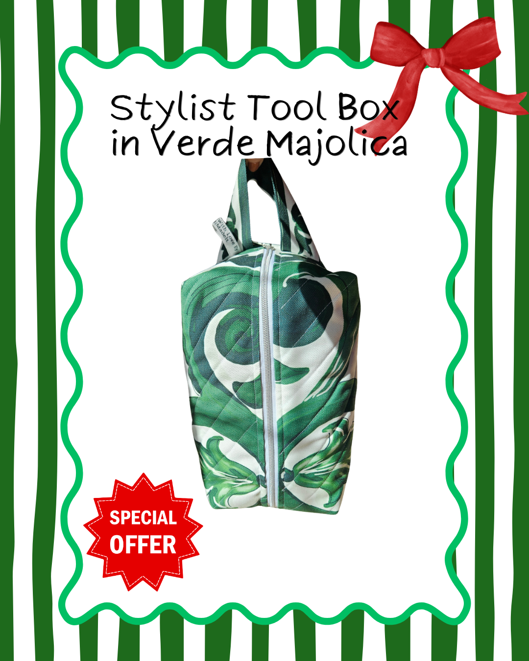 Green marbled bag with a red bow on a white background with green stripes