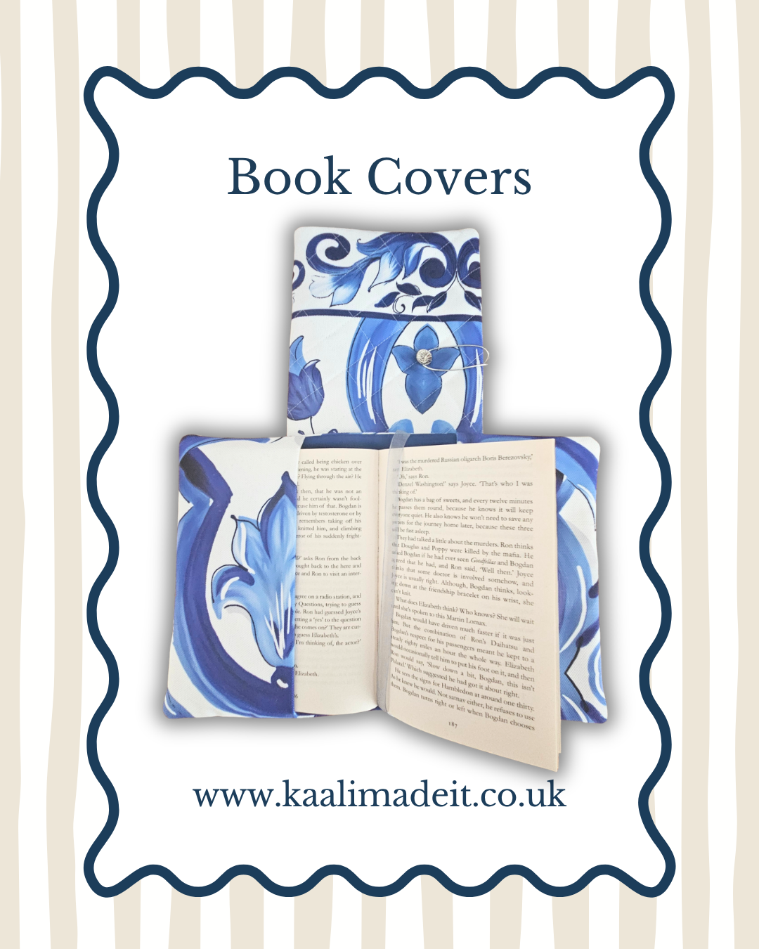 A promotional graphic for book covers featuring a blue and white floral pattern. The design shows a closed book with a patterned cover, an open book with printed pages, and a matching patterned sleeve or pouch, all centered inside a wavy blue border on a white background with beige vertical stripes.