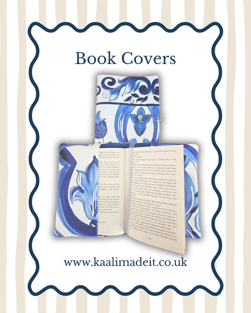 A promotional graphic for book covers featuring a blue and white floral pattern. The design shows a closed book with a patterned cover, an open book with printed pages, and a matching patterned sleeve or pouch, all centered inside a wavy blue border on a white background with beige vertical stripes.
