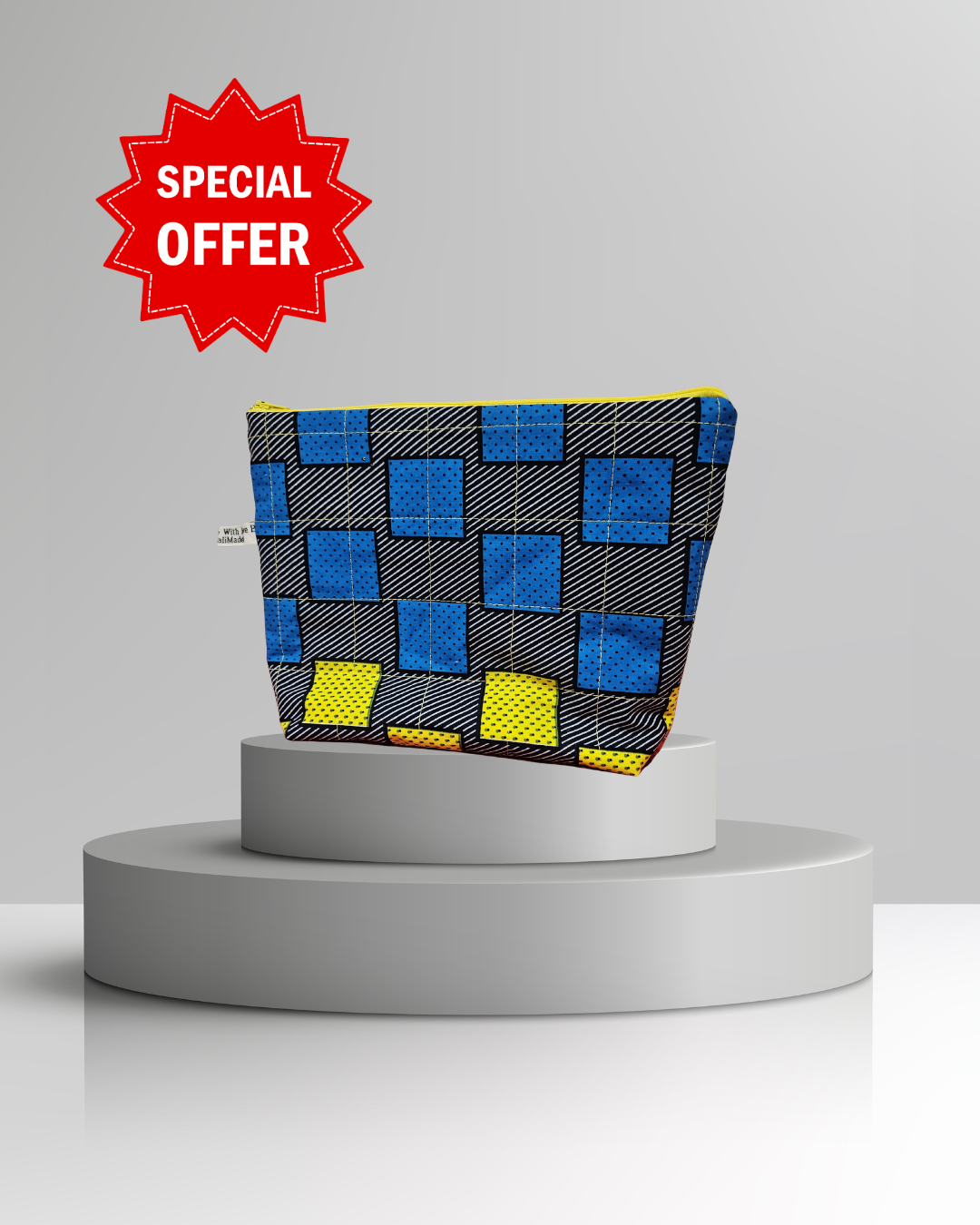 ankara african print Checkered pouch on a grey platform with a 'Special Offer' label in red.