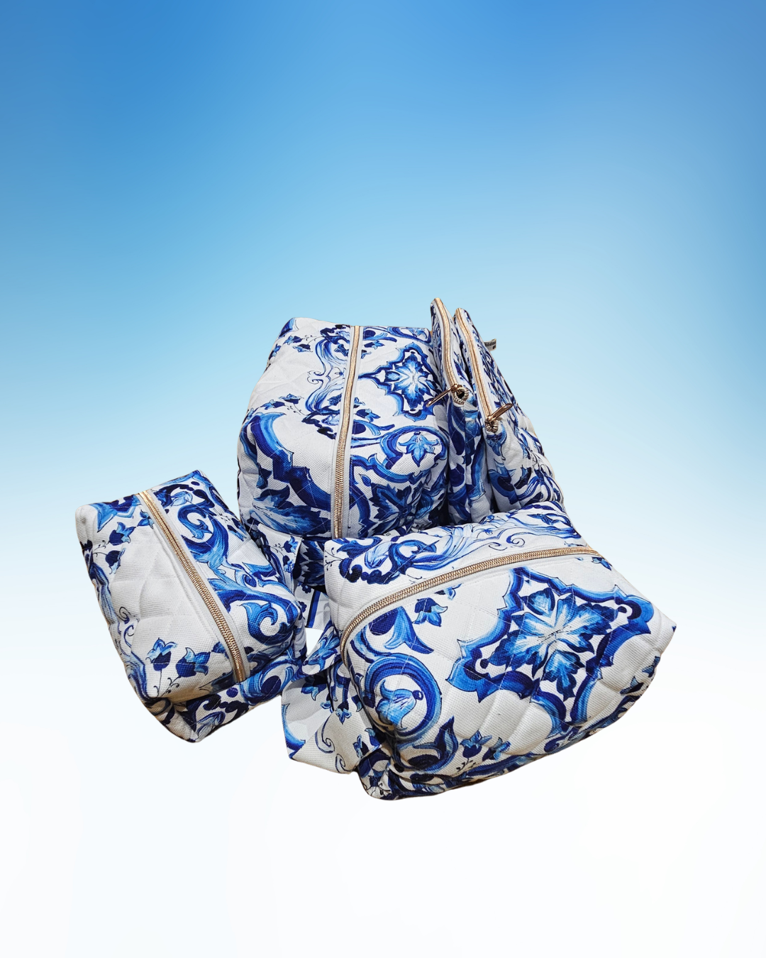 Blue and white patterned bags on a gradient blue background