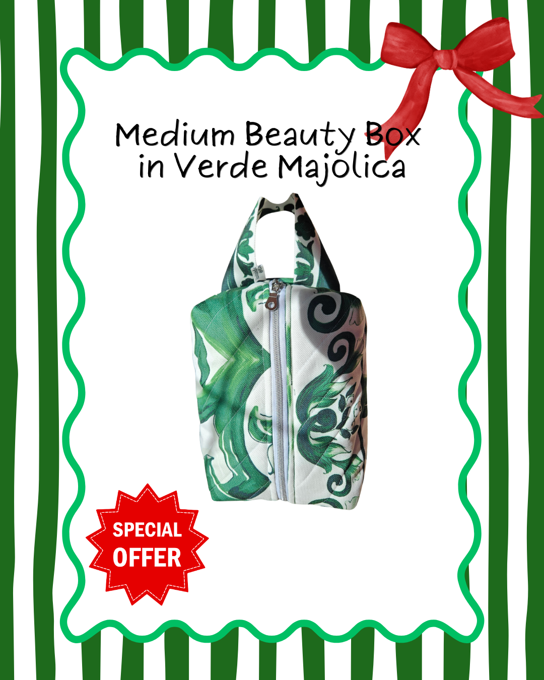Medium Beauty Box in Verde Majolica with decorative elements on a striped background