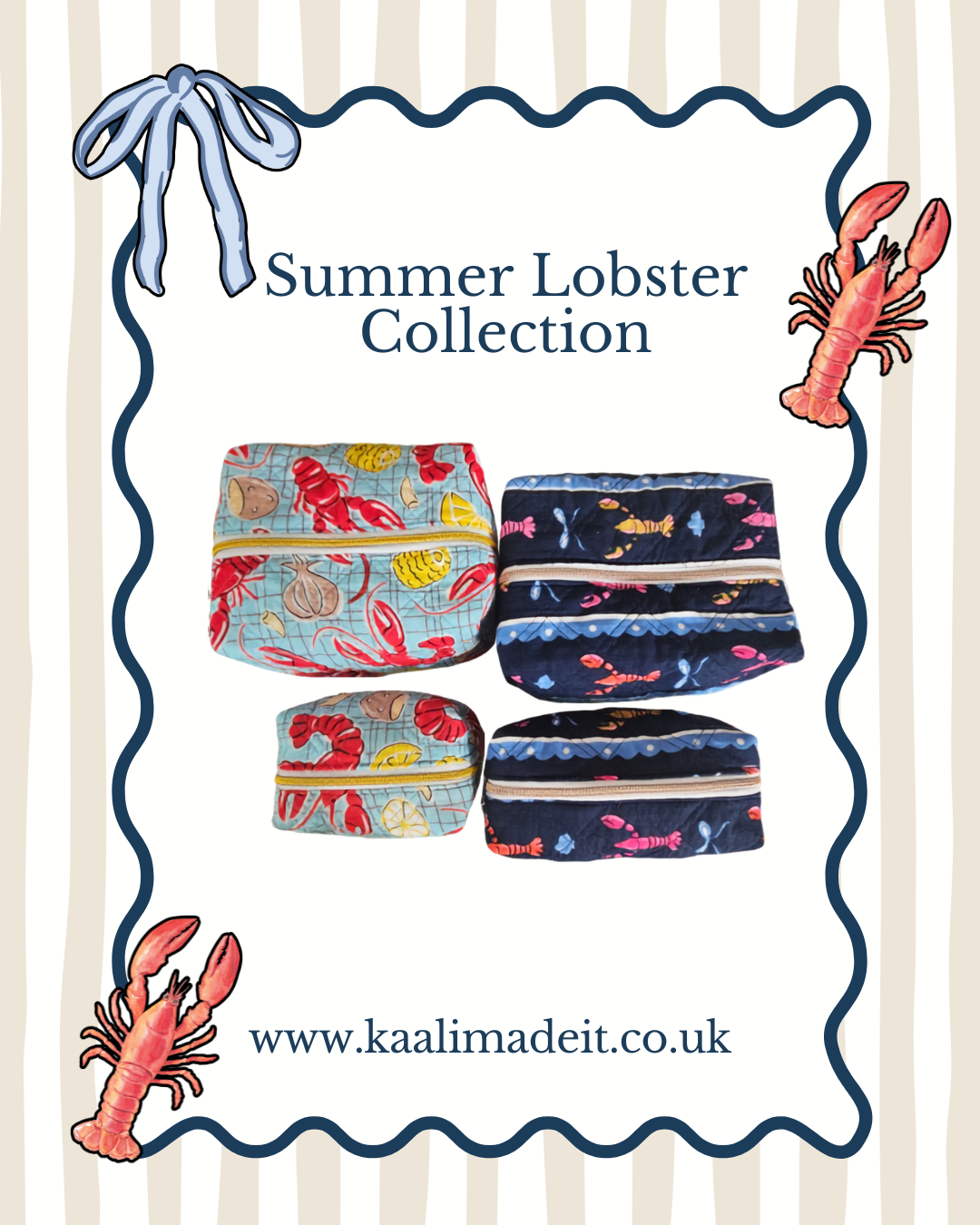 A promotional graphic for the 'Summer Lobster Collection' showing four pairs of small fabric pouches or bags with lobster-themed prints. The collection includes light blue, navy, and pink patterns with red, yellow, and orange lobster illustrations.