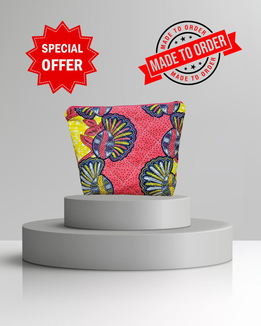 african wax print Colorful patterned pouch on a gray pedestal with 'Special Offer' and 'Made to Order' text.