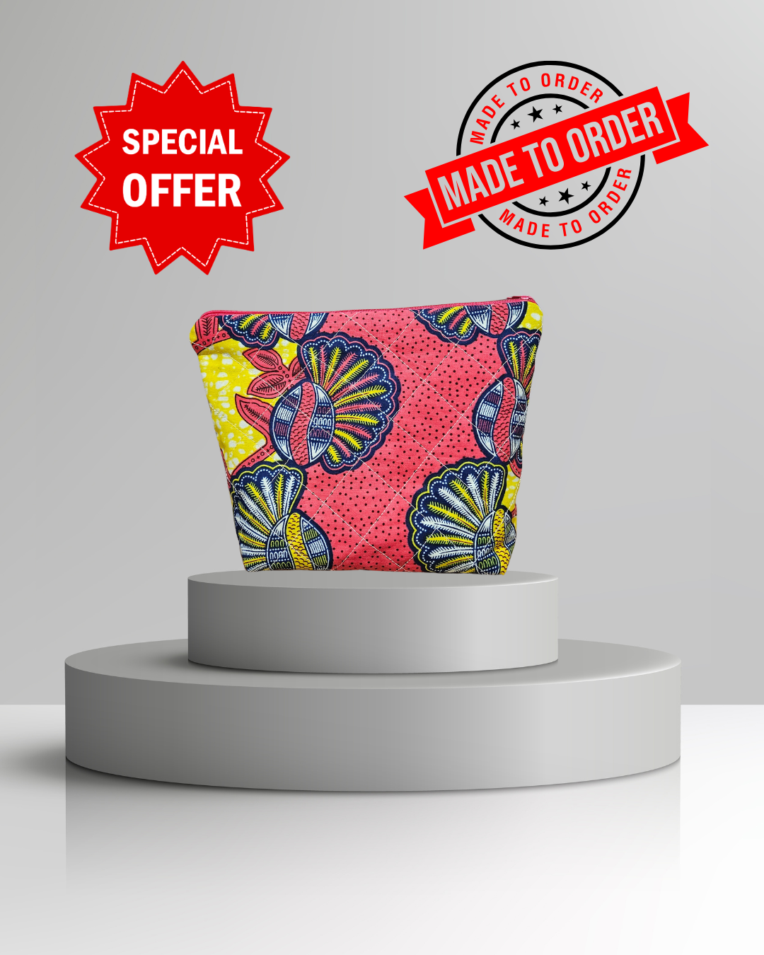 african wax print Colorful patterned pouch on a gray pedestal with 'Special Offer' and 'Made to Order' text.