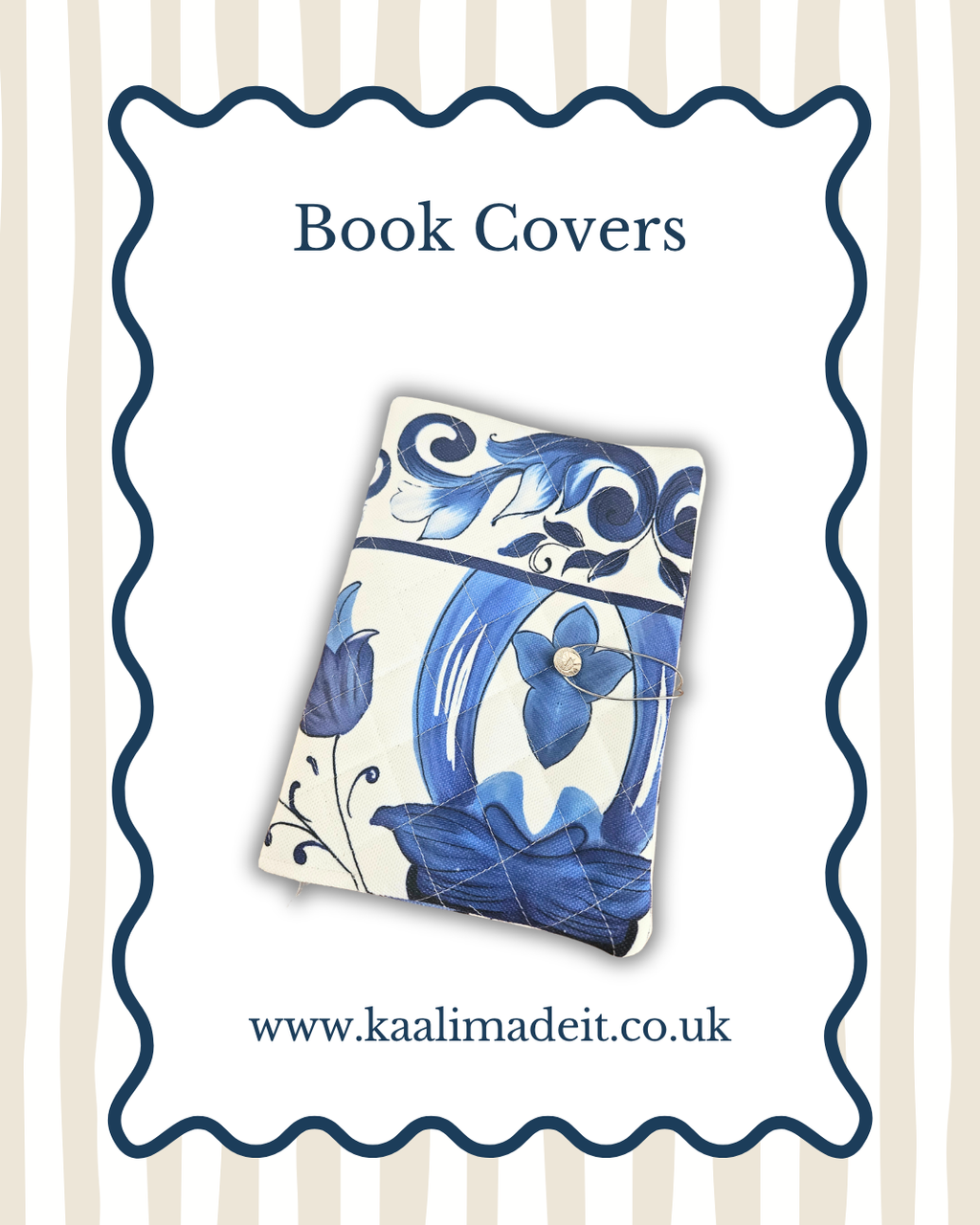 A book cover featuring a blue and white floral pattern, presented on a white background with a navy blue wavy border and the text 'Book Covers' and 'www.kaalimadeit.