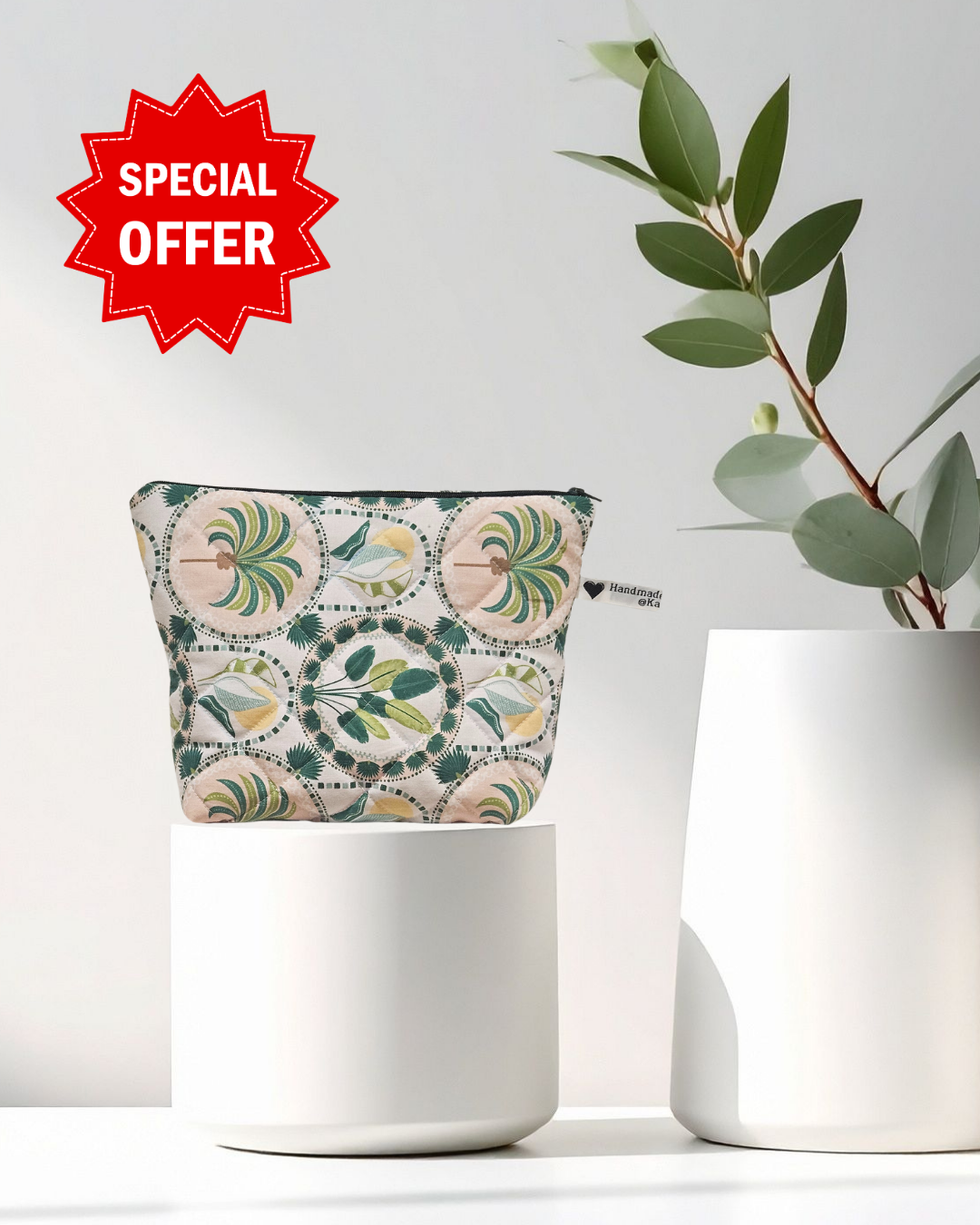 Decorative pot with a patterned cover and a 'Special Offer' label on a light background