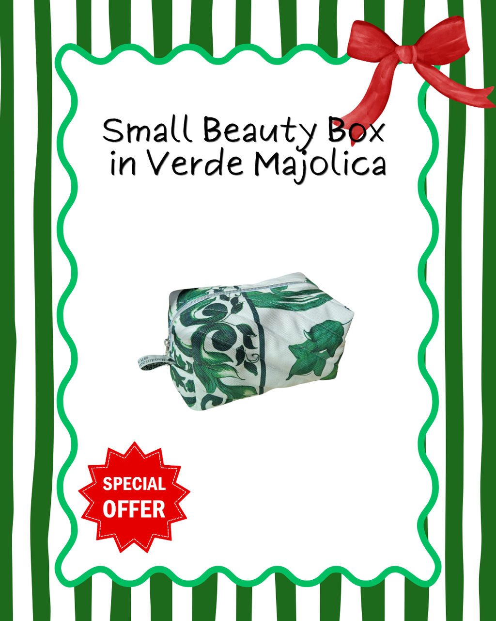 Small beauty box with green floral pattern on a white background with green stripes and a red bow.