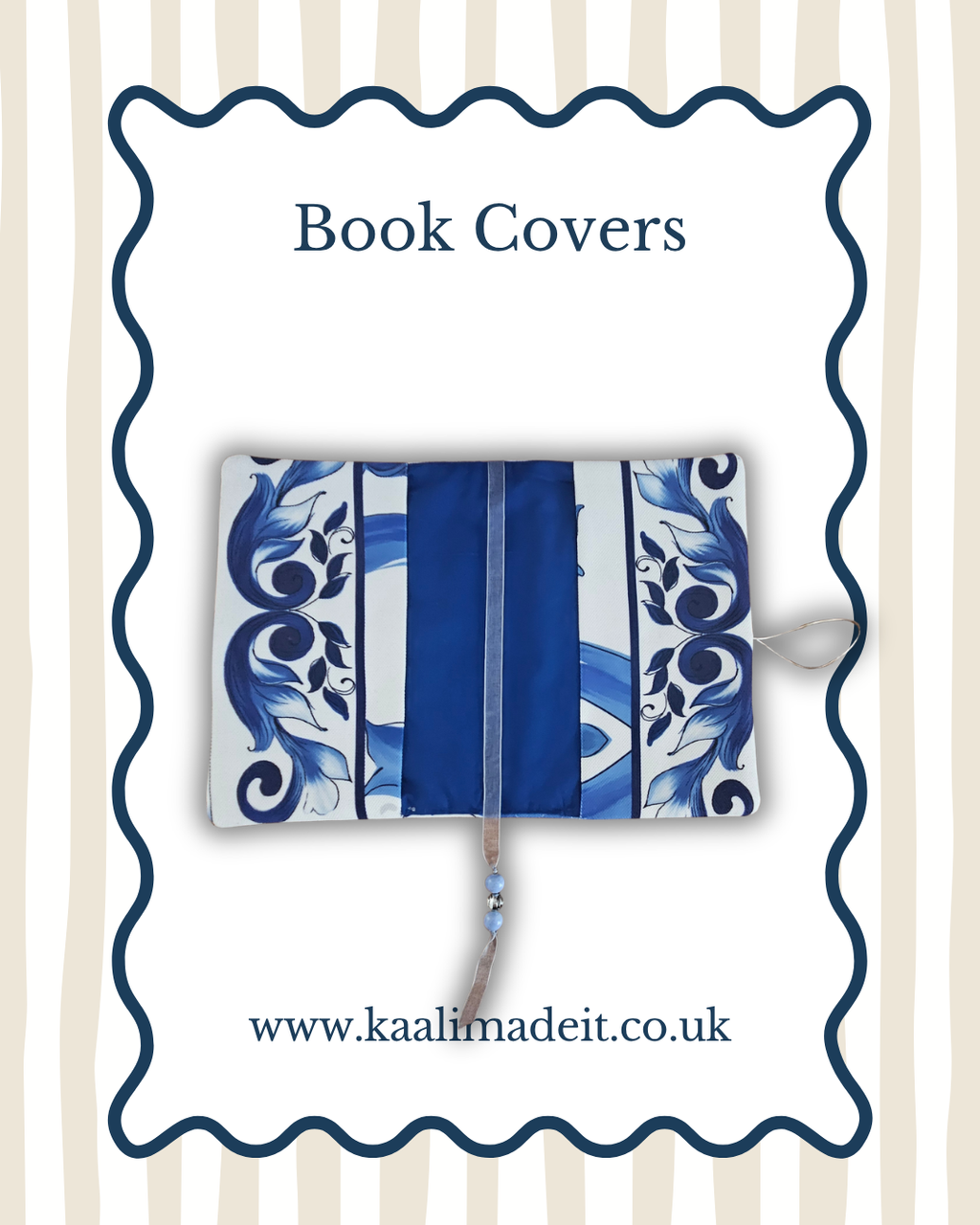 A book cover featuring a blue and white patterned design with the title 'Book Covers' at the top and the website 'www.kaalimadeit.