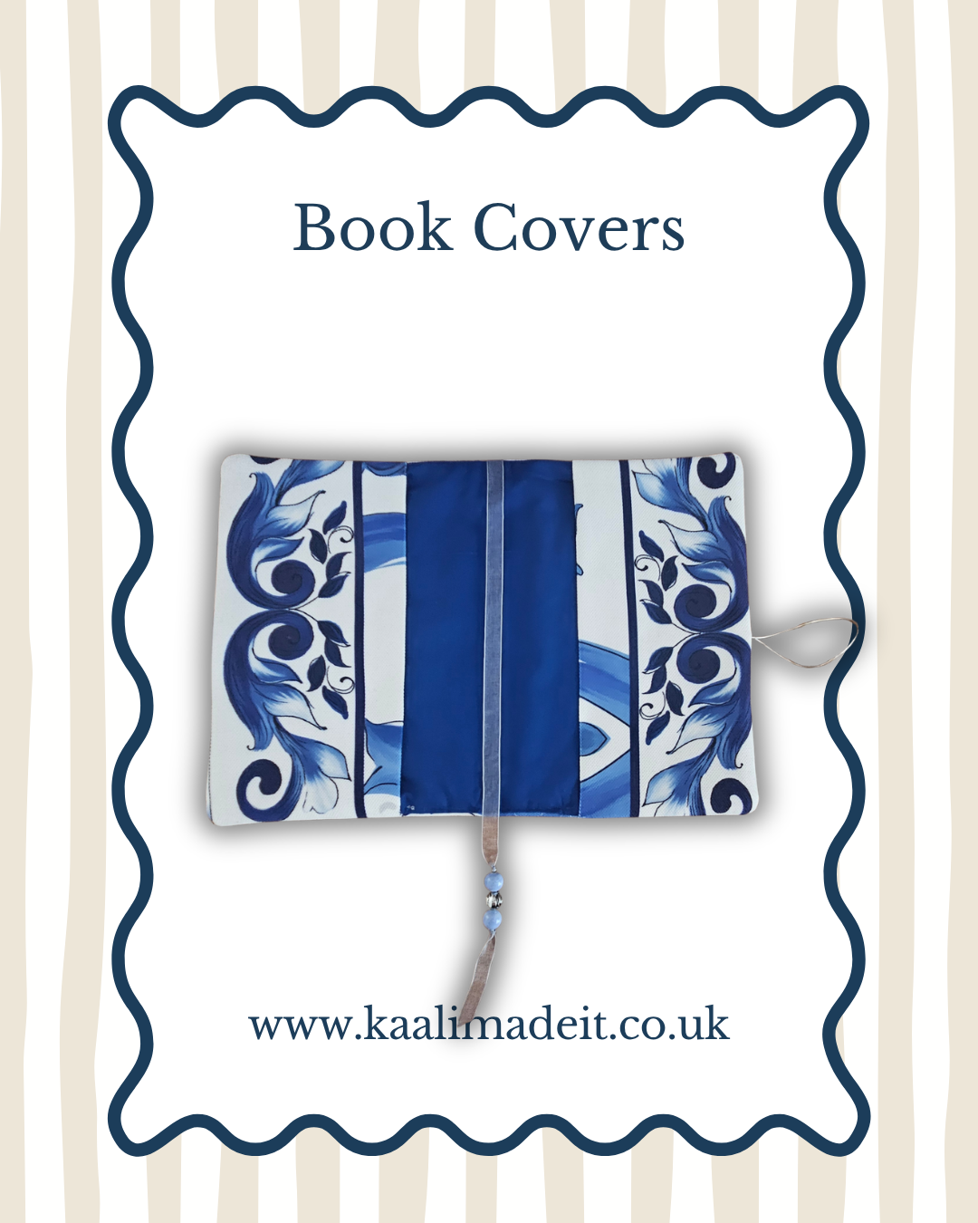 A book cover featuring a blue and white patterned design with the title 'Book Covers' at the top and the website 'www.kaalimadeit.