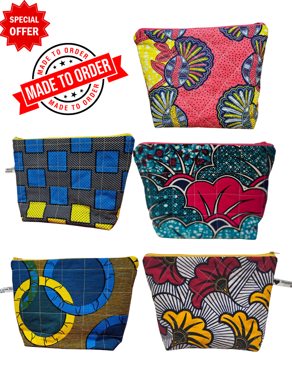 selection of african wax print fabric quilted pouches with a made to order and special offer tag 