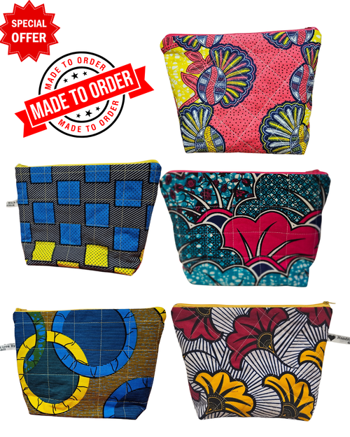 selection of african wax print fabric quilted pouches with a made to order and special offer tag 