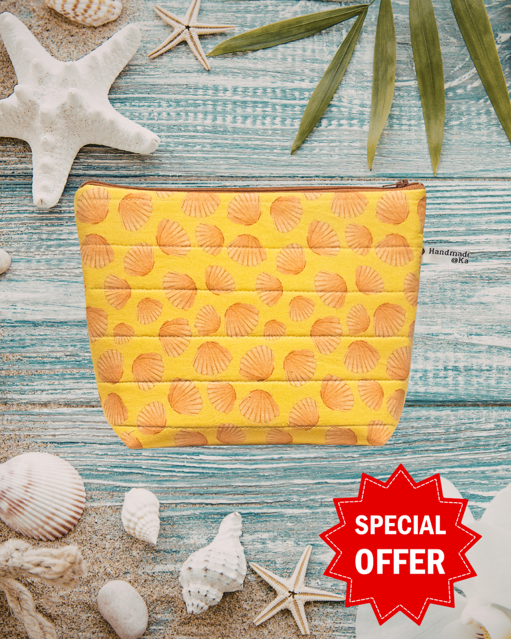 Yellow pouch with shell pattern on a beach-themed background with 'Special Offer' text.