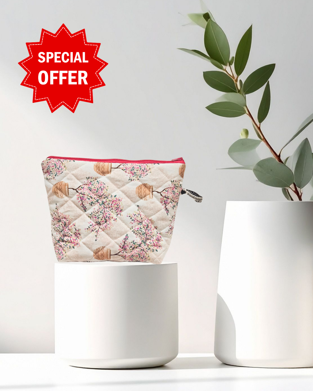 Floral pouch in a white pot with a plant on a light pink background, featuring a 'Special Offer' label.