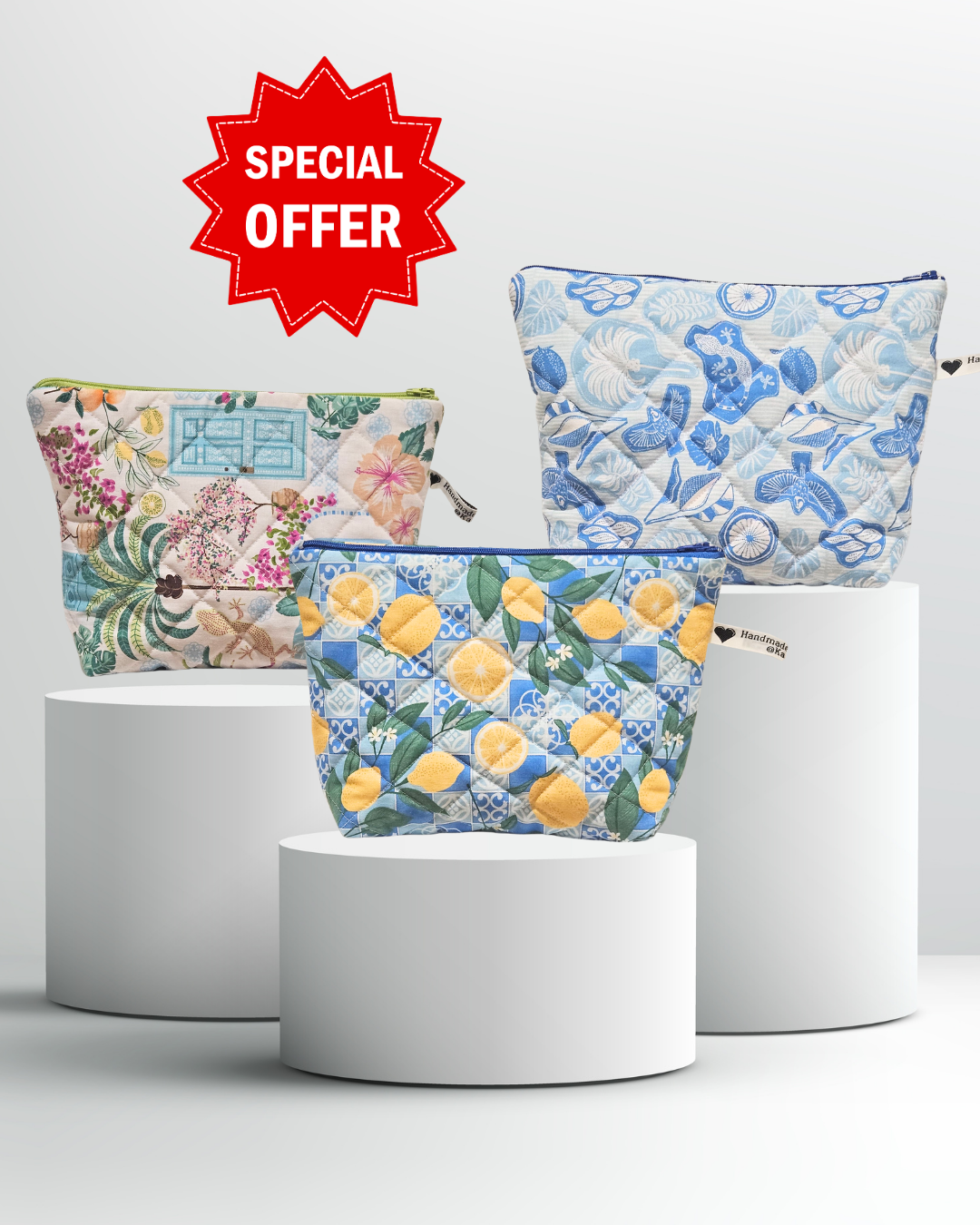 Three floral-patterned pouches on white stands with a 'Special Offer' label.