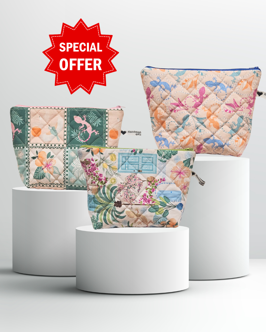 3 make up bags with quilted design of lizzards and amalfi coast motives 