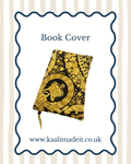 A book cover featuring a black and gold ornate baroque pattern with a central medallion and classical figure, shown on a white background with a blue scalloped border and the text 'Book Cover' and 'www.kaalimadeit.