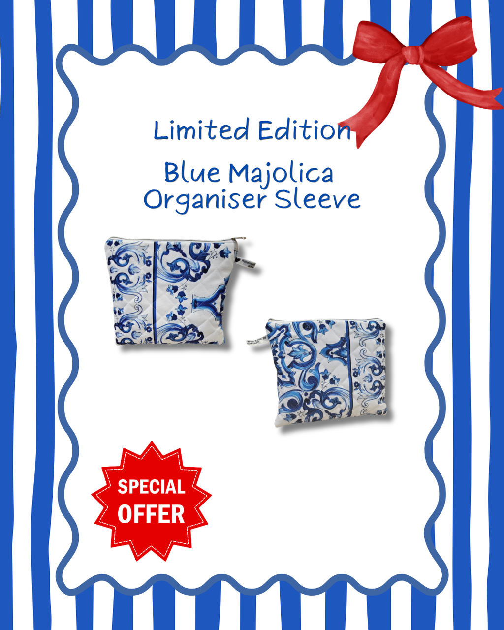 Blue Majolica organizer sleeve with a red bow on a blue and white striped background