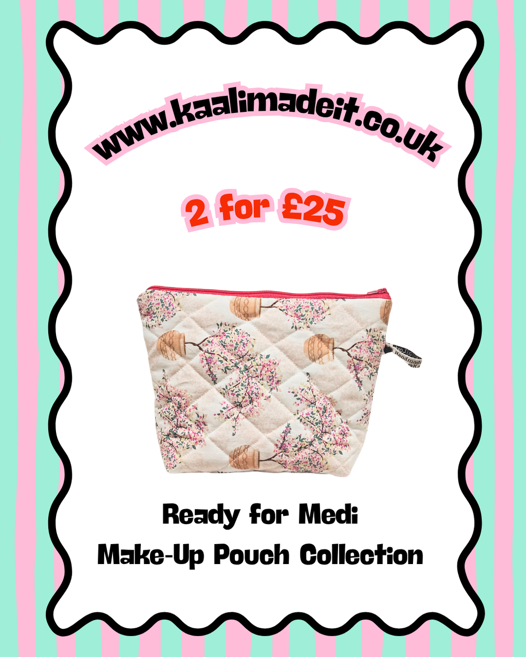 A quilted make-up pouch with a pink and beige floral print, presented on a white background with a decorative black scalloped border. The image includes promotional text reading 'www.