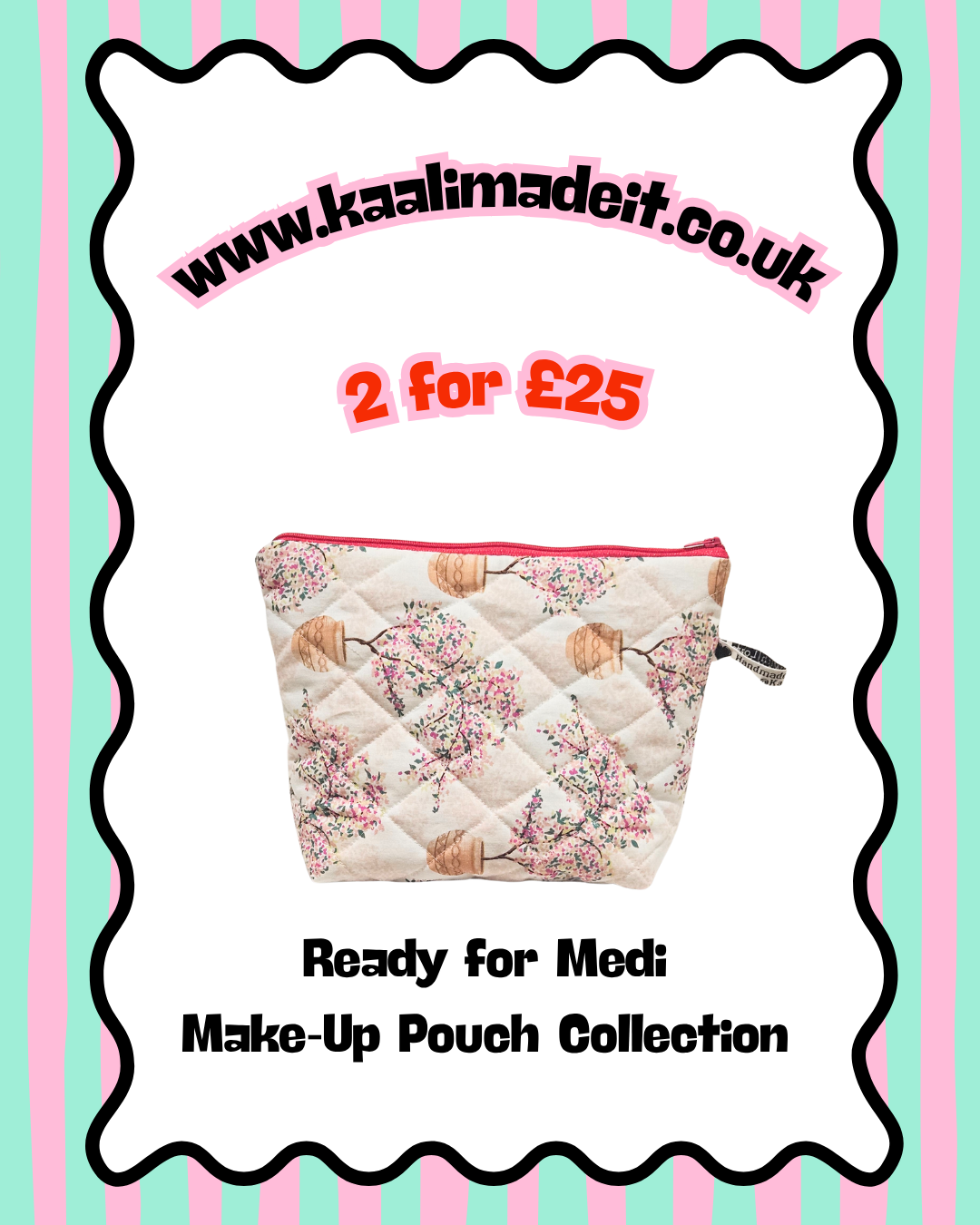 A quilted make-up pouch with a pink and beige floral print, presented on a white background with a decorative black scalloped border. The image includes promotional text reading 'www.