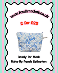 A product listing graphic for a blue and white lizard patterned make-up pouch, featuring promotional text 'www.kaalimadeit.co.uk