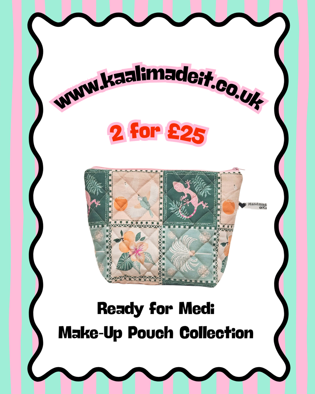 A promotional graphic for a quilted patchwork make-up pouch. The pouch features a tropical and flamingo pattern in shades of green, pink, and beige.