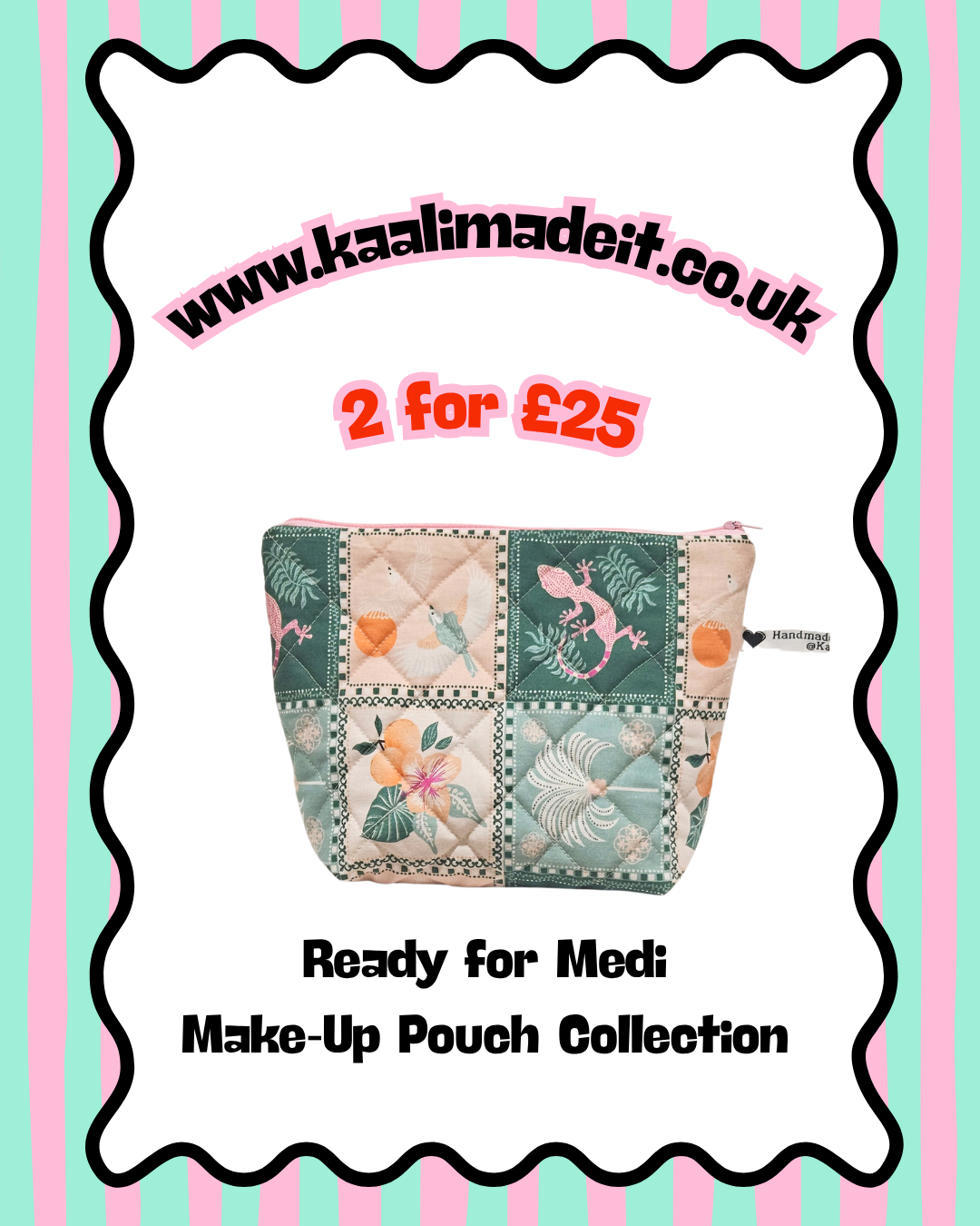 A promotional graphic for a quilted patchwork make-up pouch. The pouch features a tropical and flamingo pattern in shades of green, pink, and beige.
