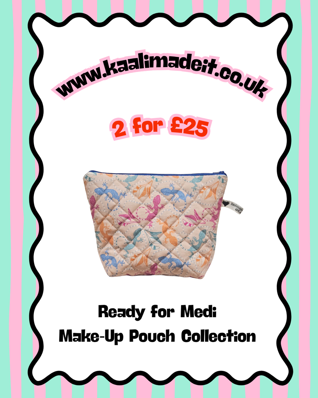 A quilted make-up pouch with a pastel multicolor lizard print on a pink background, presented on a white card with pink and mint striped borders. The card features text reading 'www.