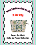 A promotional graphic for a make-up pouch collection showing a small zip pouch with a green, beige, and white botanical pattern. The graphic includes the text 'www.