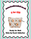 A promotional graphic for a quilted make-up pouch with an orange and green floral print. The pouch is shown in the center against a white background with a wavy black border, featuring the text 'www.