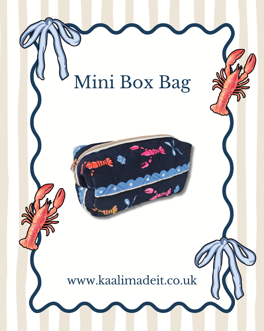 A navy blue mini box bag with a colorful fish print, shown on a white background with a decorative blue border, lobster illustrations, and the text 'Mini Box Bag' and 'www.kaalimadeit.