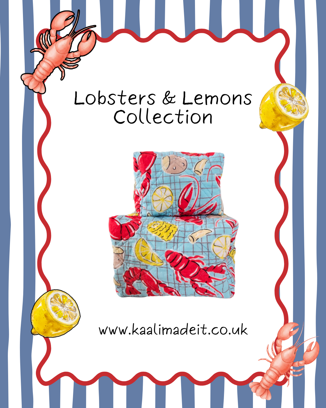 A product display for a 'Lobsters & Lemons Collection' featuring a small fabric-covered chair with a blue grid background and lobster, lemon, and shrimp illustrations. The image is framed by a blue and white striped border with red wavy lines, cartoon lobster illustrations, lemons, and the website URL 'www.