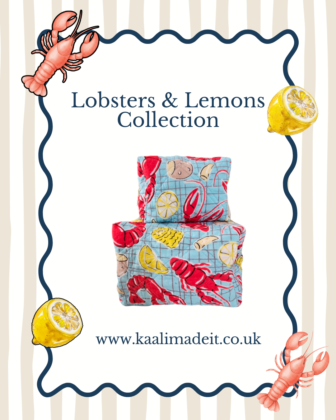 A promotional graphic for the 'Lobsters & Lemons Collection' by Kaali Made It, featuring a stack of three fabric-covered boxes with a light blue grid background and red lobster, yellow lemon, and white shell patterns. The graphic is framed by a wavy navy border with cartoon lobster and lemon illustrations on a beige and white striped background.