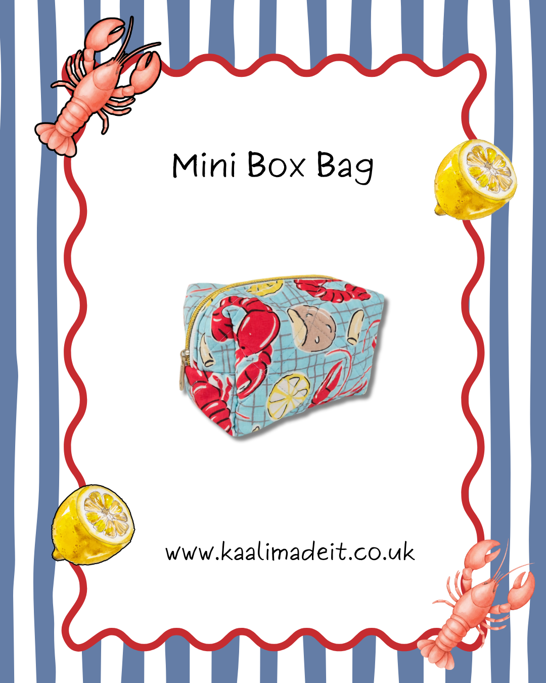 A product listing graphic for a 'Mini Box Bag' featuring a central photo of a zippered pouch with a lobster and lemon print on a blue grid background. The image is framed by a red wavy border on a blue and white striped background, decorated with cartoon lobster and lemon illustrations, and includes the website 'www.
