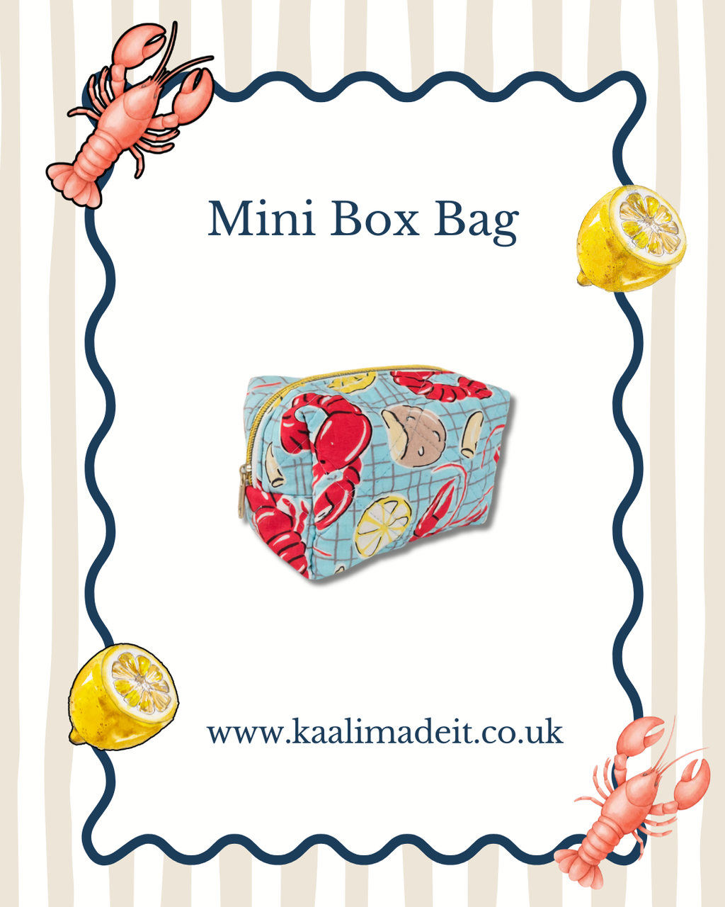 A product listing graphic for a 'Mini Box Bag' by Kaalimadeit. The central subject is a small zippered cosmetic pouch featuring a lobster and lemon print on a light blue grid background.