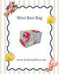 A product listing graphic for a 'Mini Box Bag' by Kaalimadeit. The central subject is a small zippered cosmetic pouch featuring a lobster and lemon print on a light blue grid background.