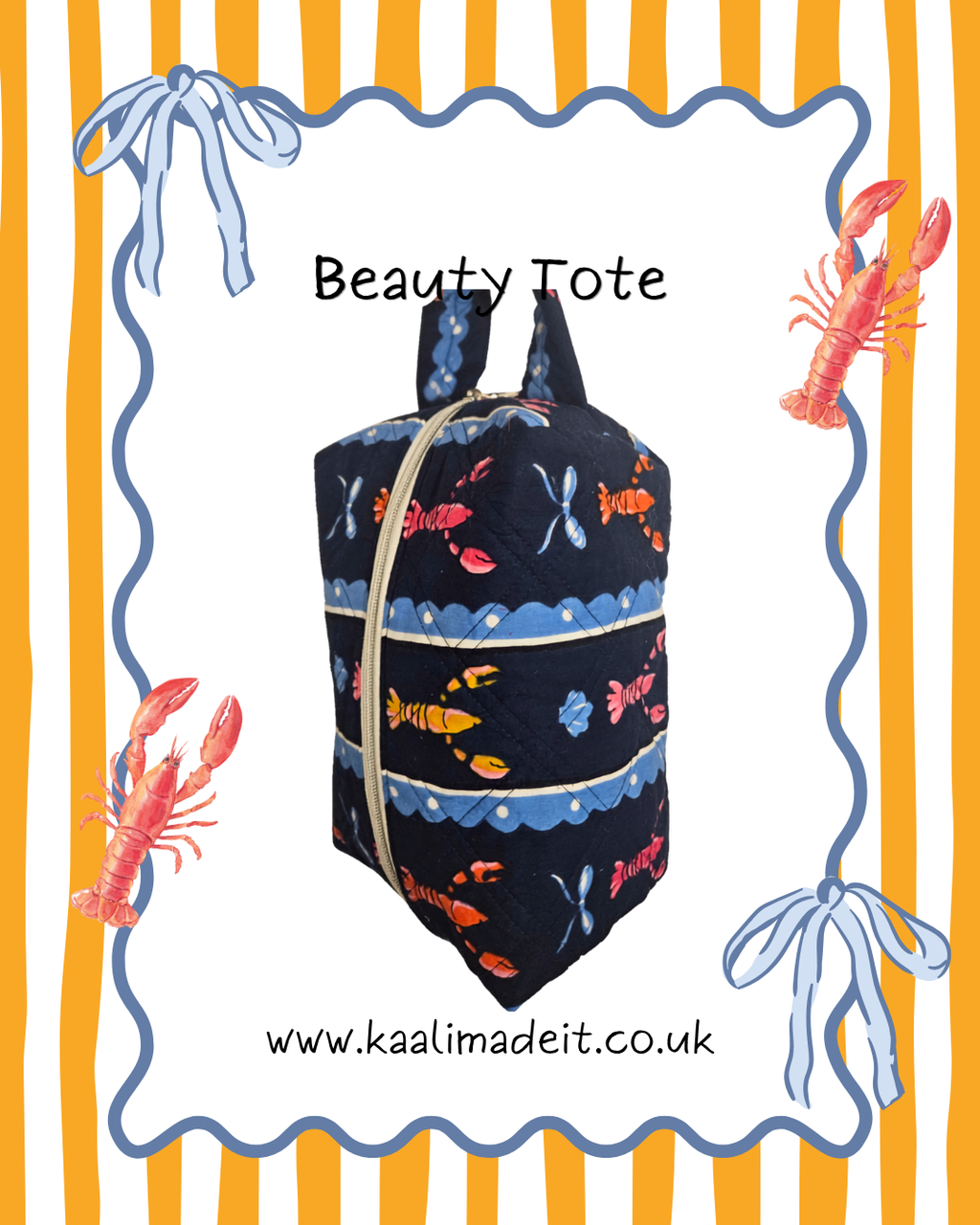 A fabric beauty tote bag with a dark navy blue background and a colorful fish pattern, shown in the center of a decorative graphic frame with lobster illustrations and the text 'Beauty Tote' and 'www.kaalimadeit.