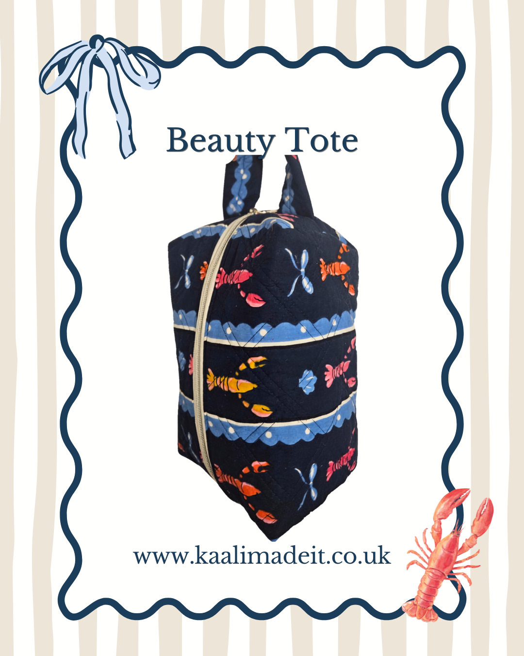 A quilted fabric beauty tote bag with a colorful fish pattern, shown on a white background with a decorative blue border, the text 'Beauty Tote', a website URL, and a lobster illustration.
