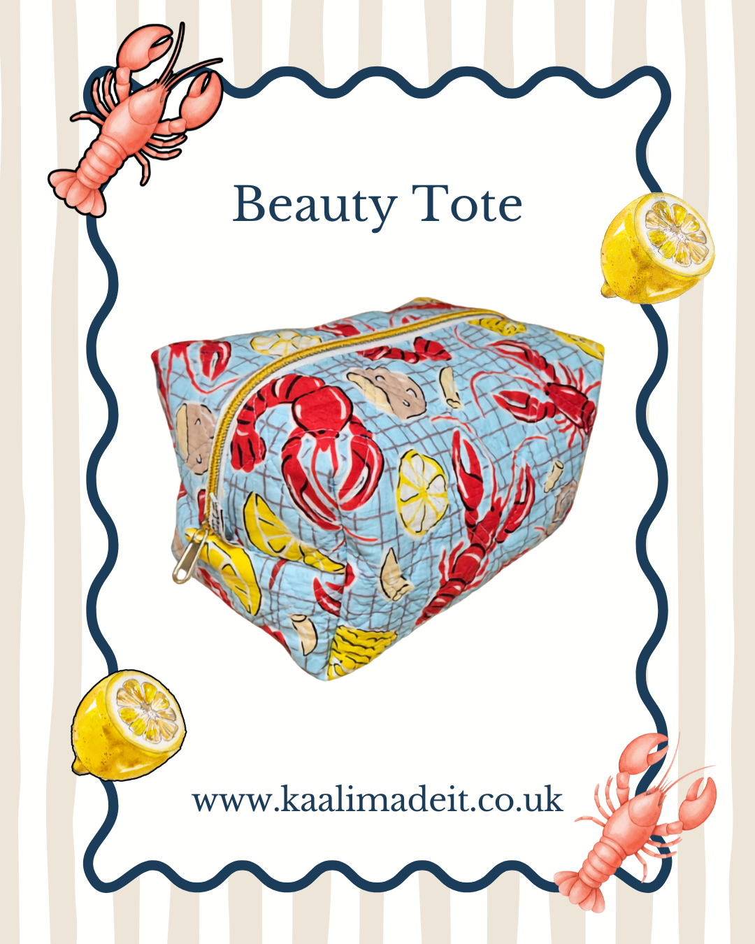 A square canvas beauty tote bag with a lobster and lemon print, displayed on a white background with decorative cartoon lobster and lemon illustrations and the text 'Beauty Tote' and 'www.kaalimadeit.