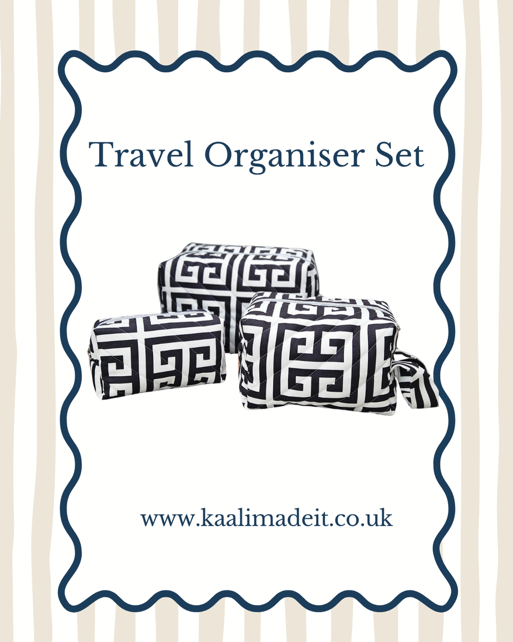 A travel organizer set featuring three rectangular pouches with a black and white Greek key pattern, presented on a white background with a navy blue scalloped border. The text reads 'Travel Organiser Set' and includes the website 'www.