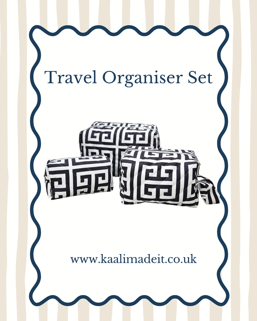 A travel organizer set featuring three rectangular pouches with a black and white Greek key pattern, presented on a white background with a navy blue scalloped border. The text reads 'Travel Organiser Set' and includes the website 'www.