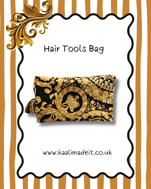 A black and gold patterned hair tools bag shown on a white card with a wavy black border, gold scroll decoration, and the text 'Hair Tools Bag' and 'www.kaalimadeit.co.uk