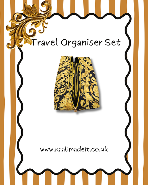 A travel organiser set featuring a gold and black patterned pouch, presented on a white card with a wavy black border, gold scrollwork, and a gold-and-white striped background. The text reads 'Travel Organiser Set' and 'www.