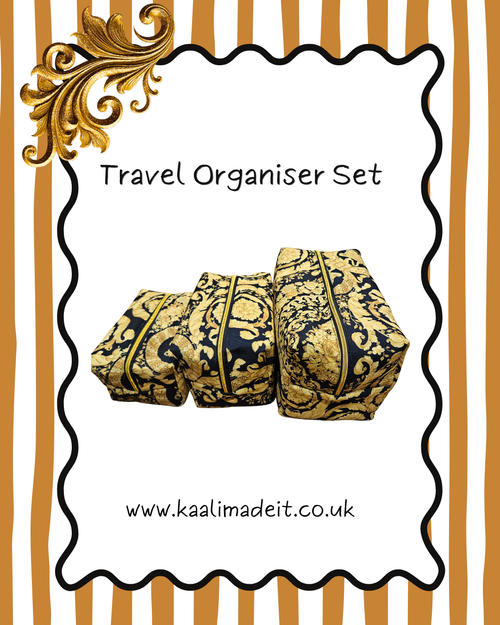 A travel organizer set consisting of three small fabric pouches with a gold and navy blue baroque pattern, presented on a white background with a wavy black border, gold scrollwork, and a striped gold and white background.