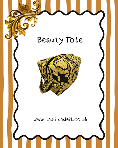 A beauty tote bag with a black and gold ornate pattern, presented on a white card with a wavy black border, set against a gold and white striped background. The text 'Beauty Tote' is displayed at the top, and the website 'www.kaalimadeit.co.uk