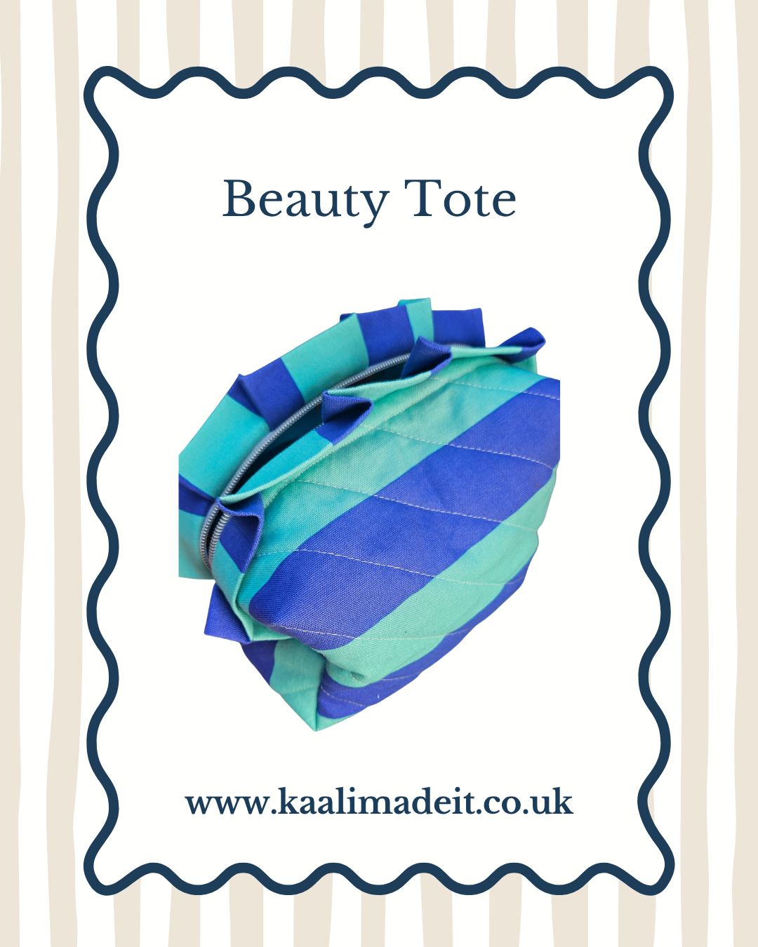 A beauty tote bag with horizontal stripes in blue and mint green, presented inside a white card with a navy blue wavy border. The card features the text 'Beauty Tote' at the top and 'www.kaalimadeit.co.uk
