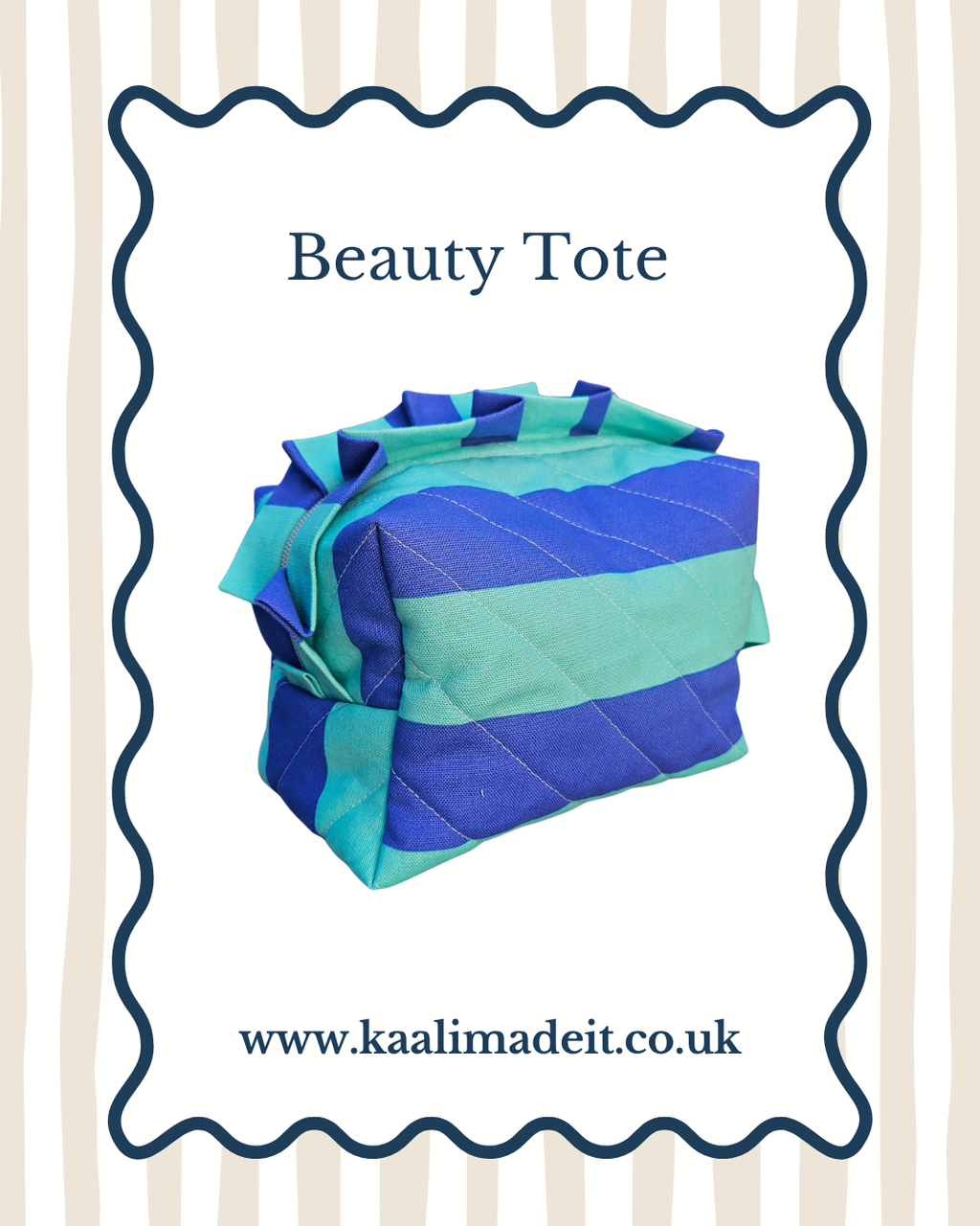A quilted fabric beauty tote bag with horizontal stripes in royal blue and mint green, presented on a white card with a wavy blue border. The text 'Beauty Tote' is written at the top, and 'www.