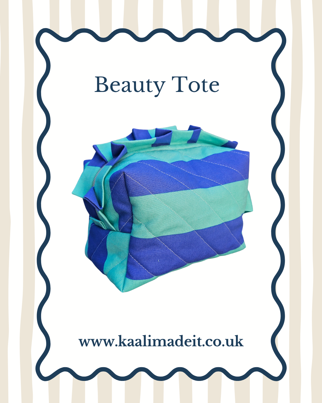 A quilted fabric beauty tote bag with horizontal stripes in royal blue and mint green, presented on a white card with a wavy blue border. The text 'Beauty Tote' is written at the top, and 'www.